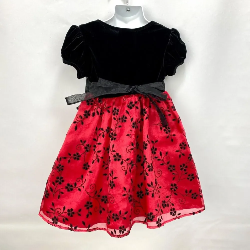 Rare Editions Girls Dress 3T Red Flocked Skirt Black Velvet Top Crinoline Bow